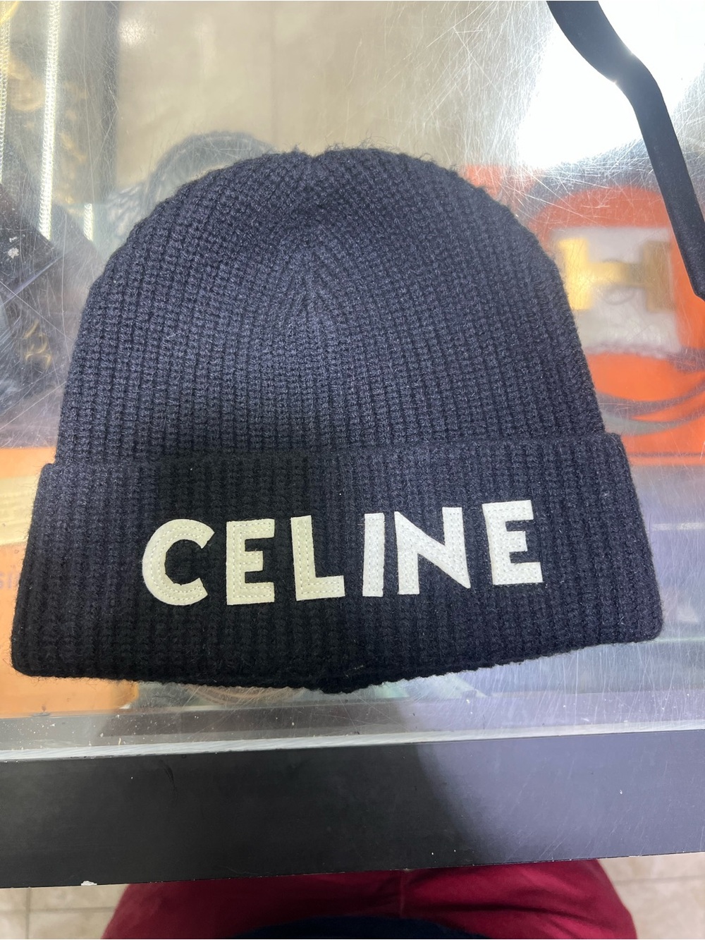 Celine Black Ribbed Knit Beanie with Logo Patch